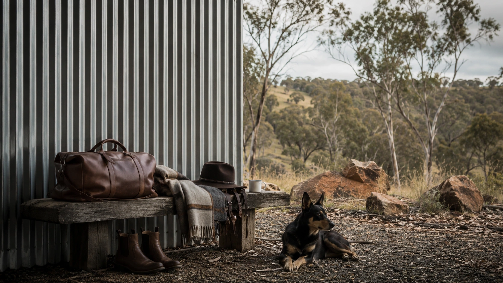 A dog resting beside a cabin, with boots, a hat and a bag ready for life in the country